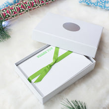mixed box of notecards in green, blue, pink and orange