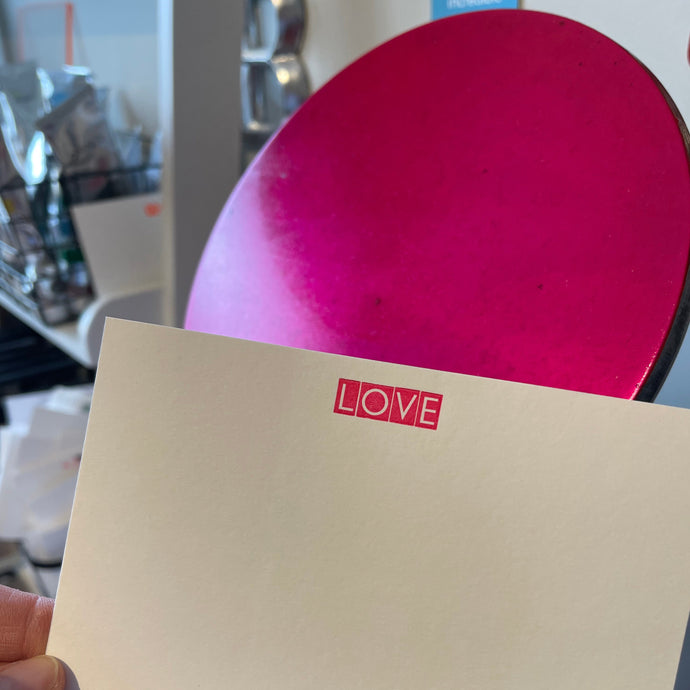 LOVE notecards letterpressed in Neon Pink ink