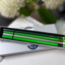 I Love Gin pencil set, 5 pencils in green and silver with erasers