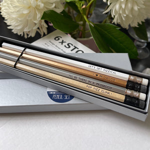 Set of Prosecco pencils in gold, silver  and white with erasers on the end, 5 pencils.