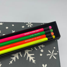 Set of four neon coloured pencils with 2B lead with Bridge related phrases embossed on them, complete with coordinating erasers.
