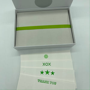 Neon Green mixed box set of cards, Flower, XOX, Three Stars, THANK YOU