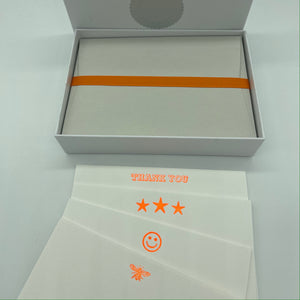 Neon Orange Box set of cards, THANK YOU, Three Stars, Smiley Face, Bee