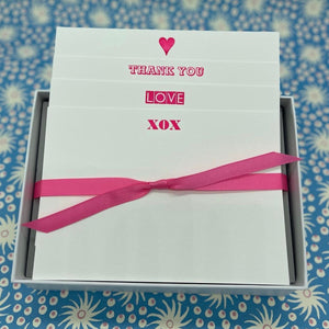 Notecards in Neon pink including XOX, LOVE, Thank You and pink hearts