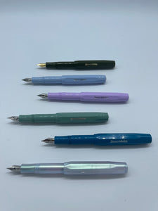 Kaweko Fountain pens, Kaweko Collection,  in colours from the top: Olive, Mellow, Lavender, Sage, Cian, Irridescent Pearl