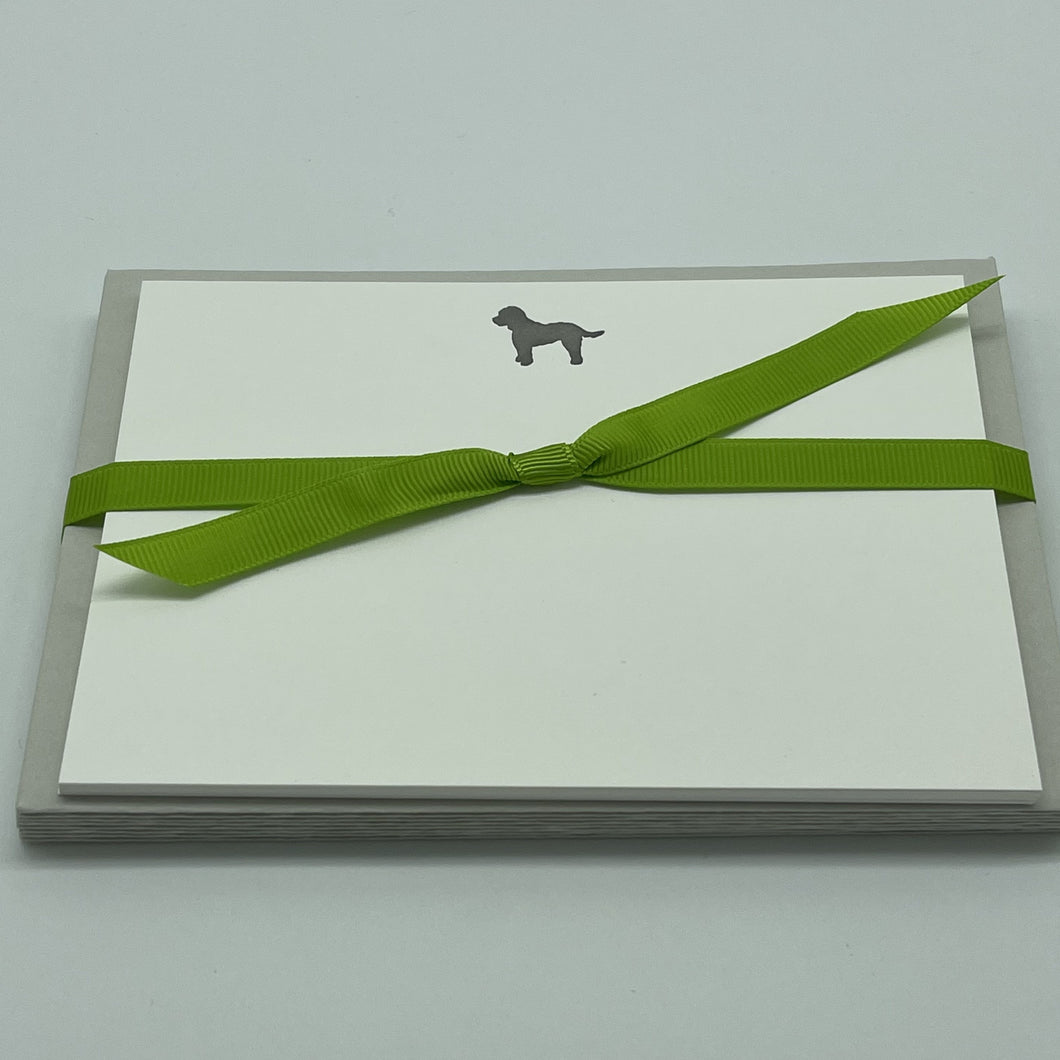 Cockapoo Dog letterpress printed on Pristine White Notecards with Pale Grey envelopes and tied with Neon Green Grosgrain ribbon