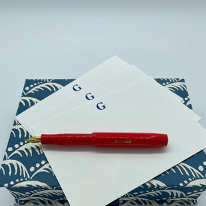 Red Kaweko Fountain Pen, with Initial notecards and Postcard box in Wave Indigo