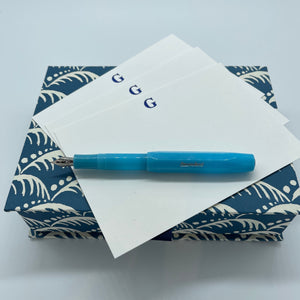 Postcard box in Indigo wave with monogram notecards and fountain pen in Blueberry colour