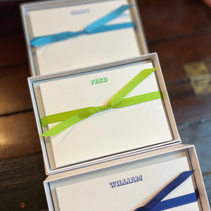 Bespoke notecards in a box with boys names, Fred, Harry, William