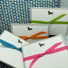 Miniature Dachshund in black ink with pale grey premium envelopes and tied with neon pink, orange, green or blue grosgrain ribbon